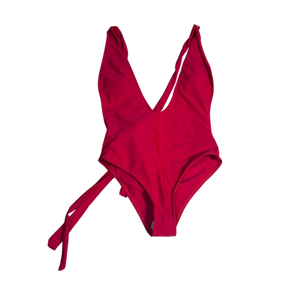 Magnolia Place Womens Red Deep V-Neck Wrap One Piece Swimsuit High Cut Leg L